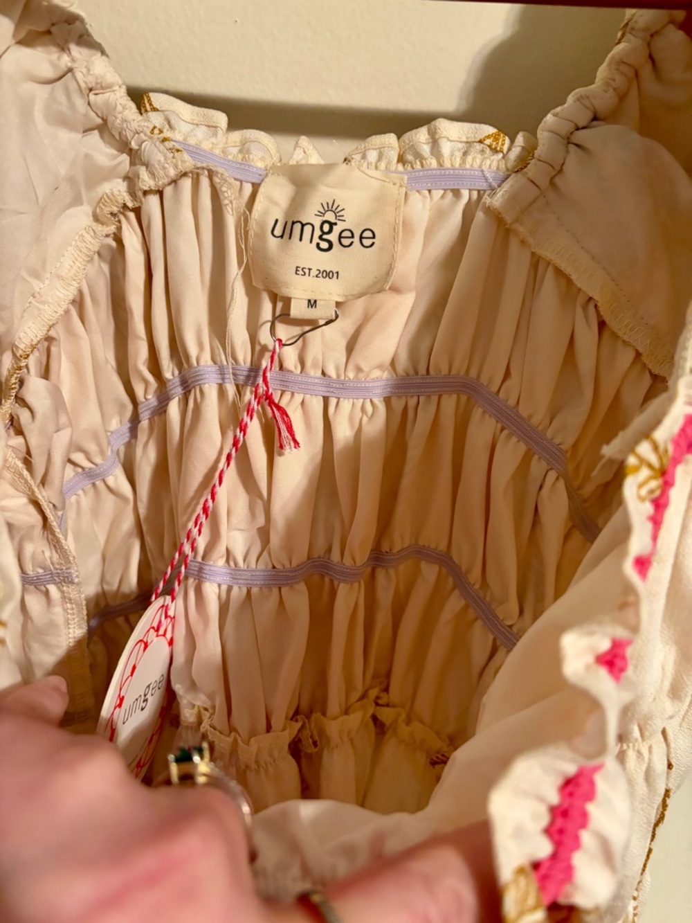 NWT Umgee Cream Dress w Pink & Gold Sz M Bows Cottagecore Boho Milkmaid Romantic - Picture 4 of 11